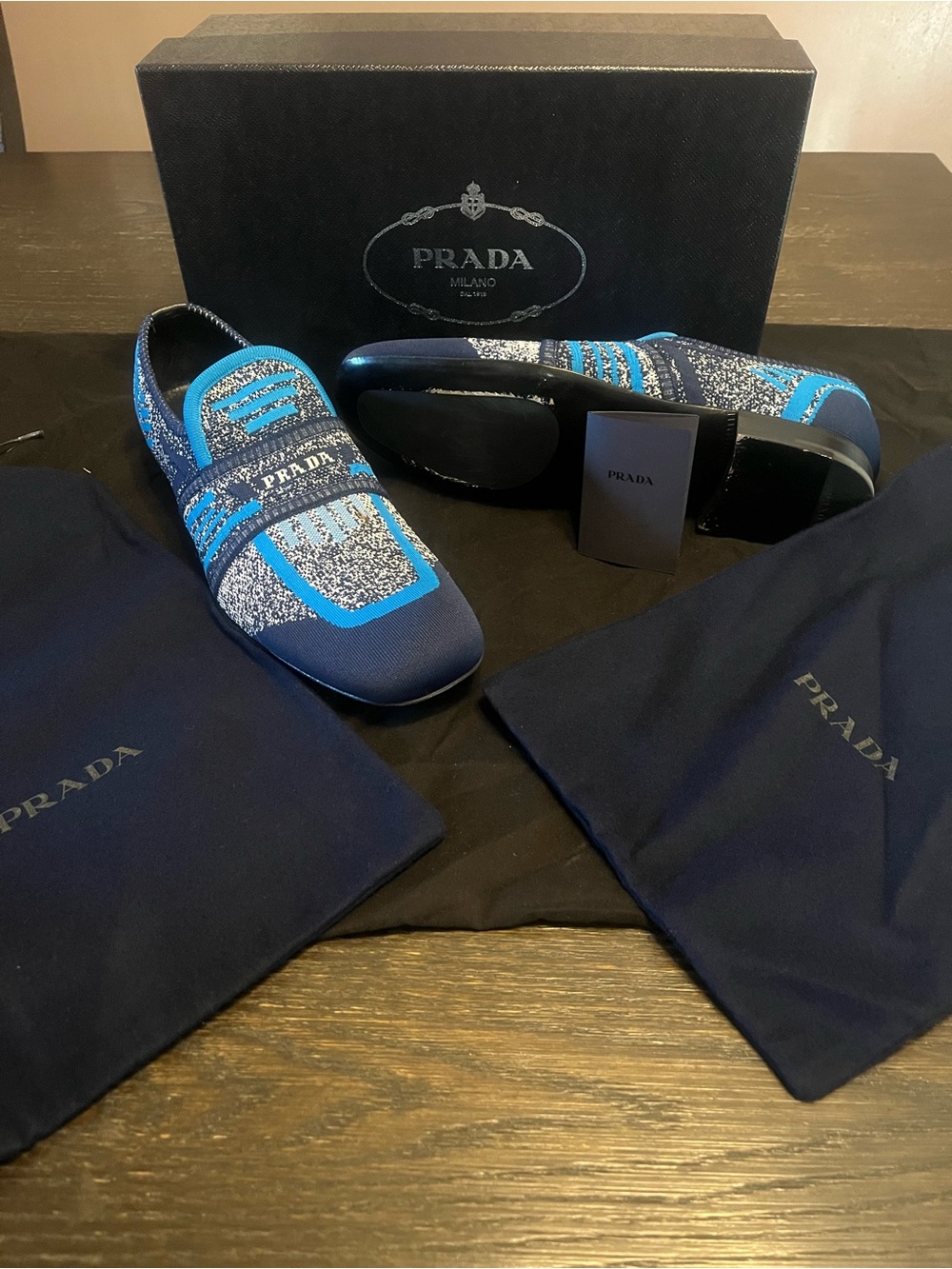 Prada Men’s Navy and Bright Blue Knit Slip-On Loafers